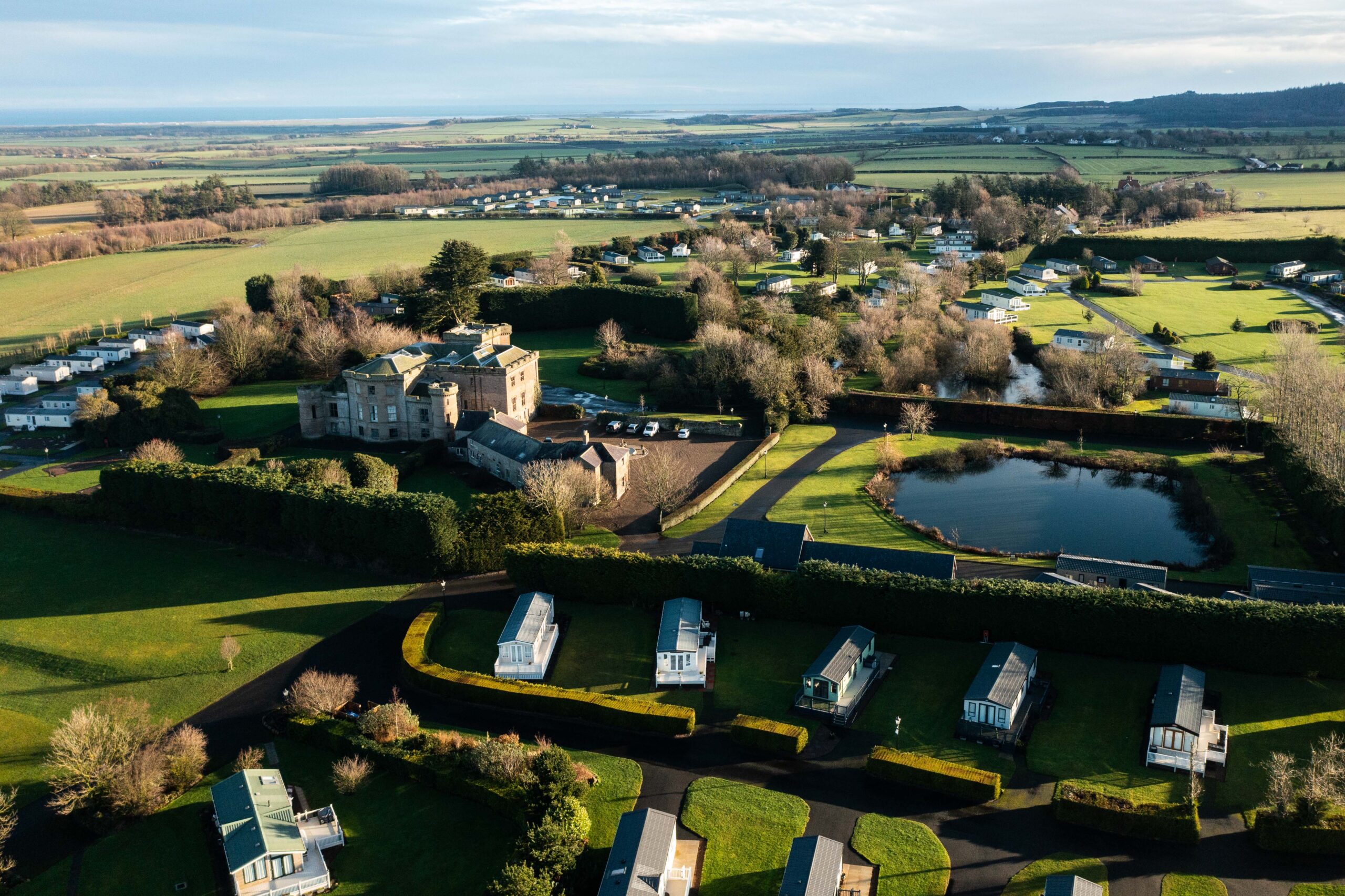 Aerial shot of Barmoor Castle Country Park